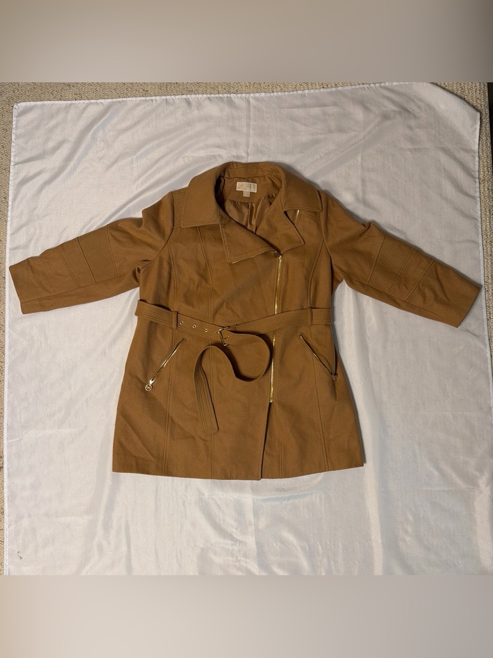 MICHAEL Michael Kors Womens 2X Wool Blend Belted Coat Camel Tan Asymmetrical Zip